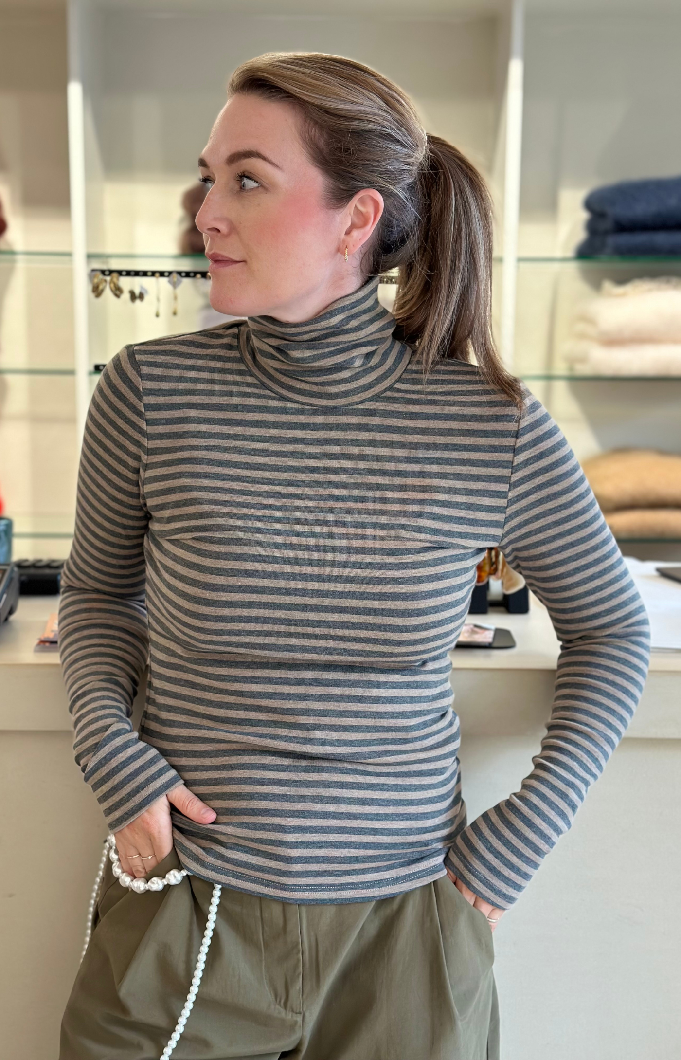 The Clothed | Varna Turtleneck Stripe Taupe Grey Melange