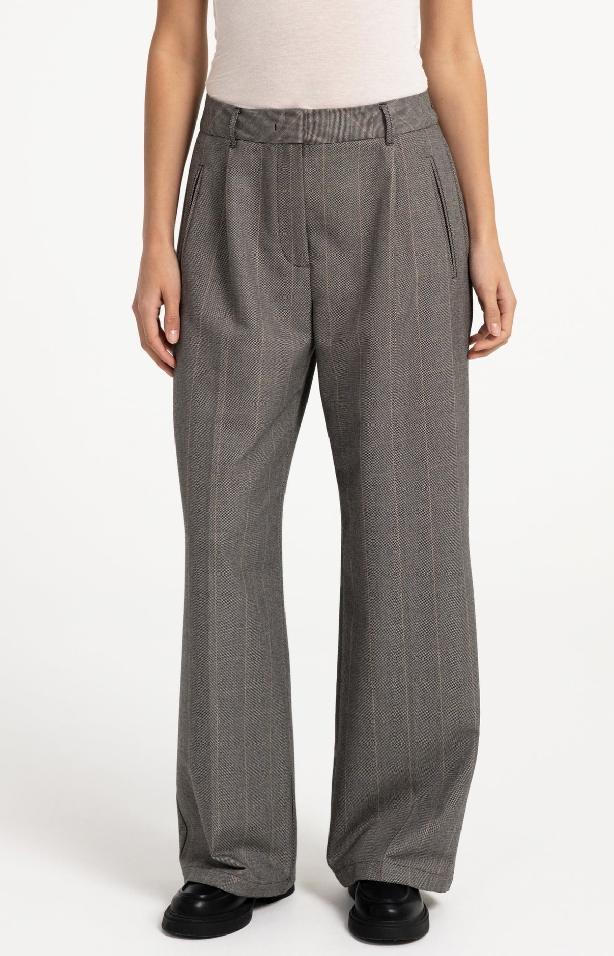 YAYA | Woven Wide Leg Check Trousers Hole Black Dessin