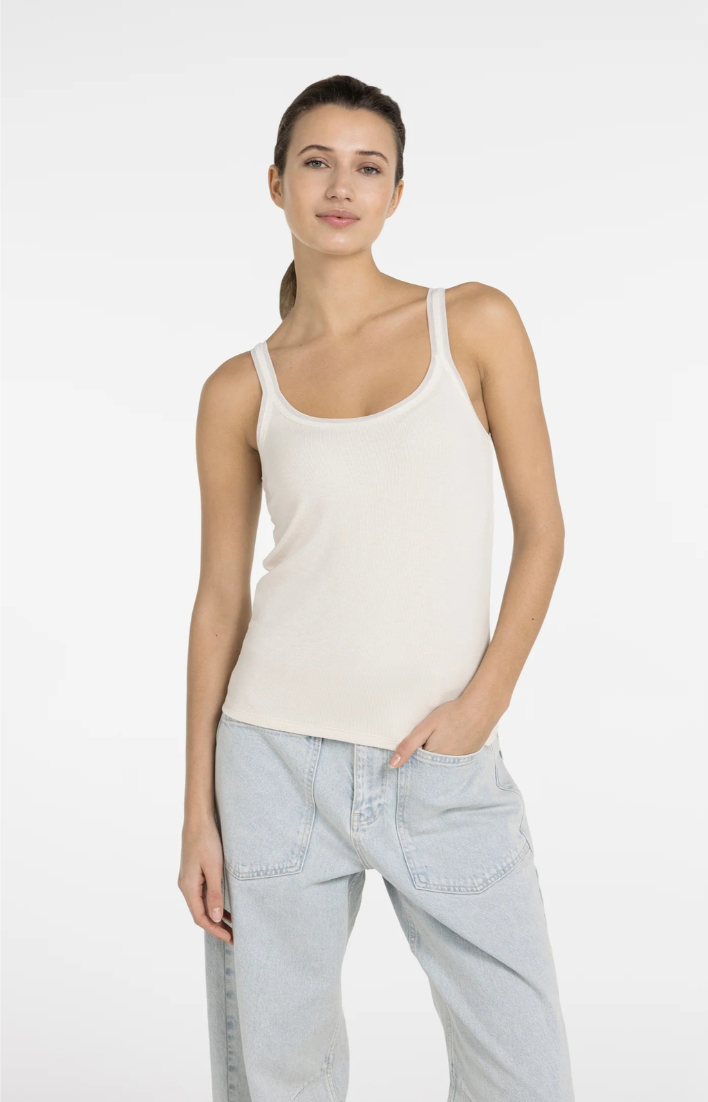 YAYA | Singlet Met Mesh Afwerking Creme Beige