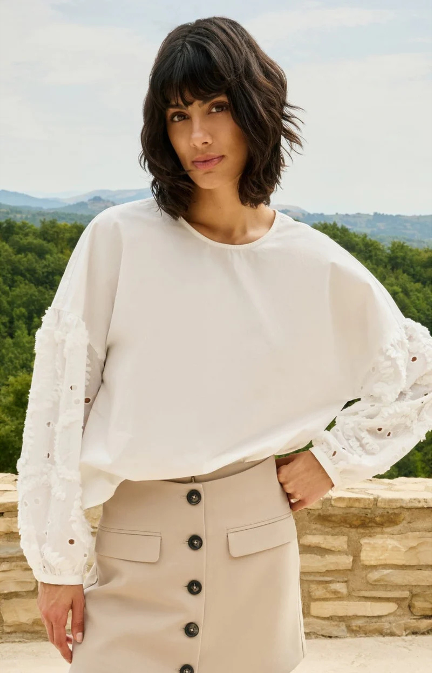 YAYA | Blouse Met Geborduurde Mouwen En Ronde Hals Snowfade White