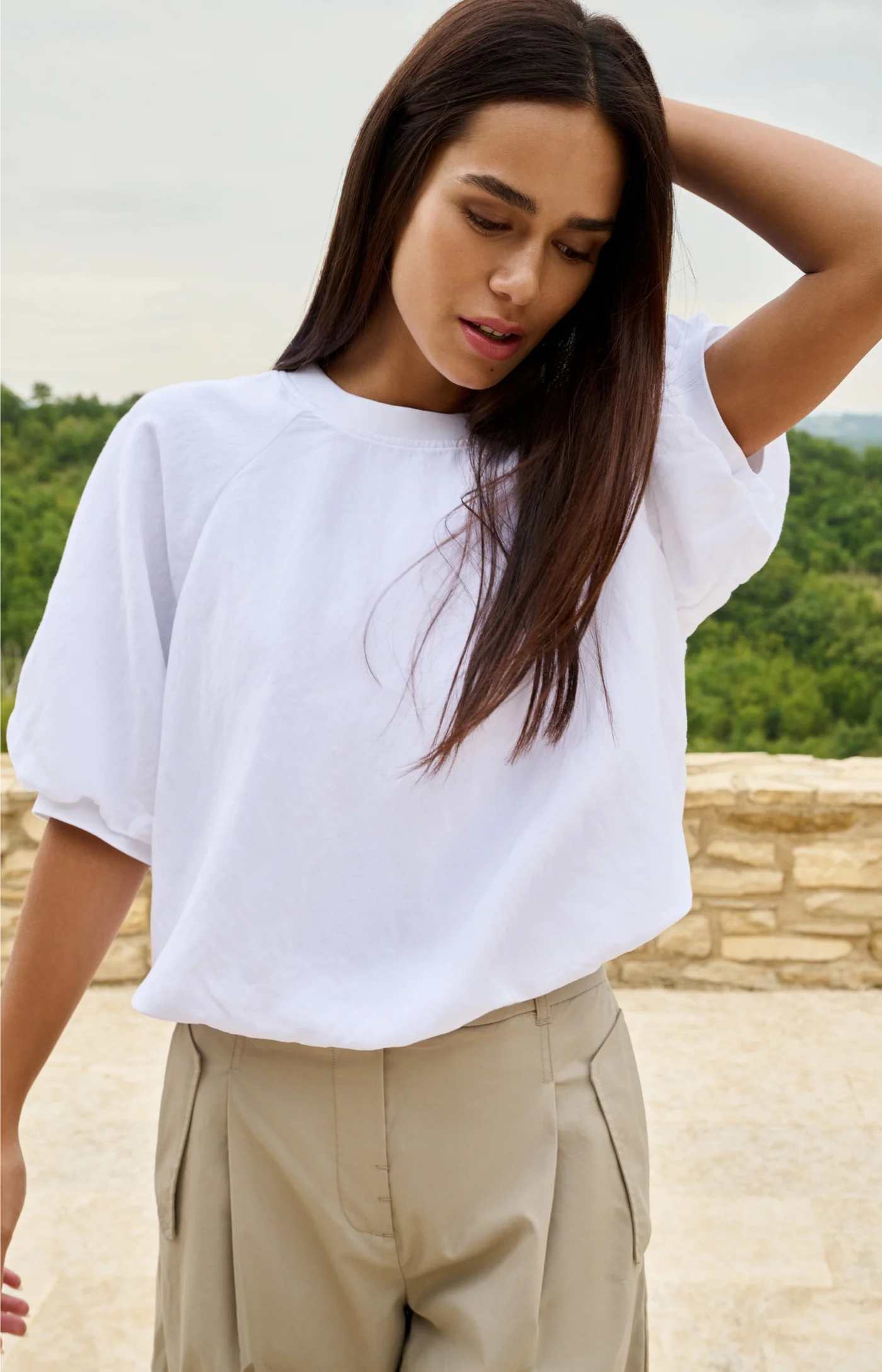 YAYA | Geweven T-Shirt Met Ballonmouwen En Rits Pure White