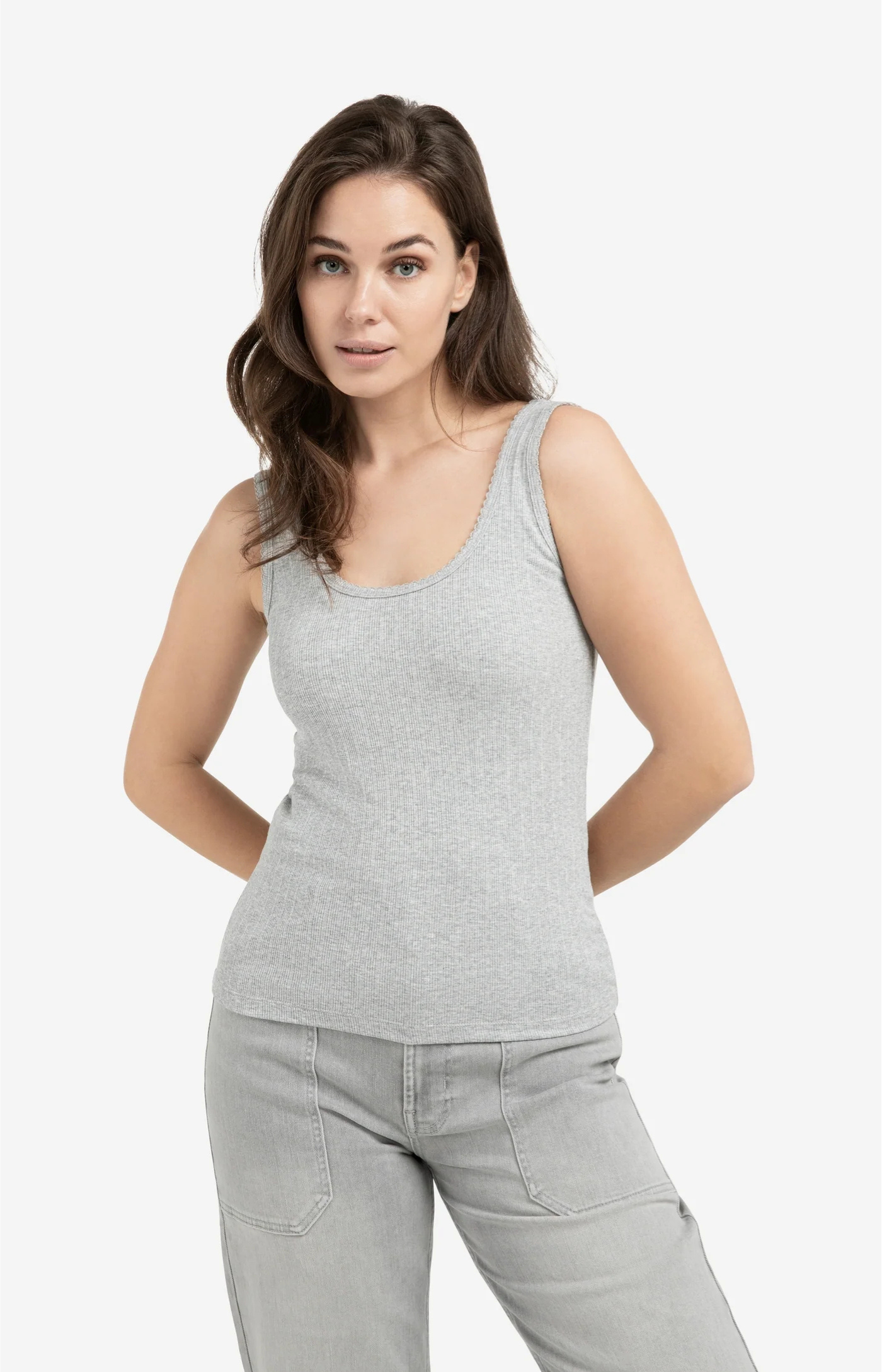 YAYA | Geribd Singlet Met Sierlijke Halsrand Medium Grey Melange