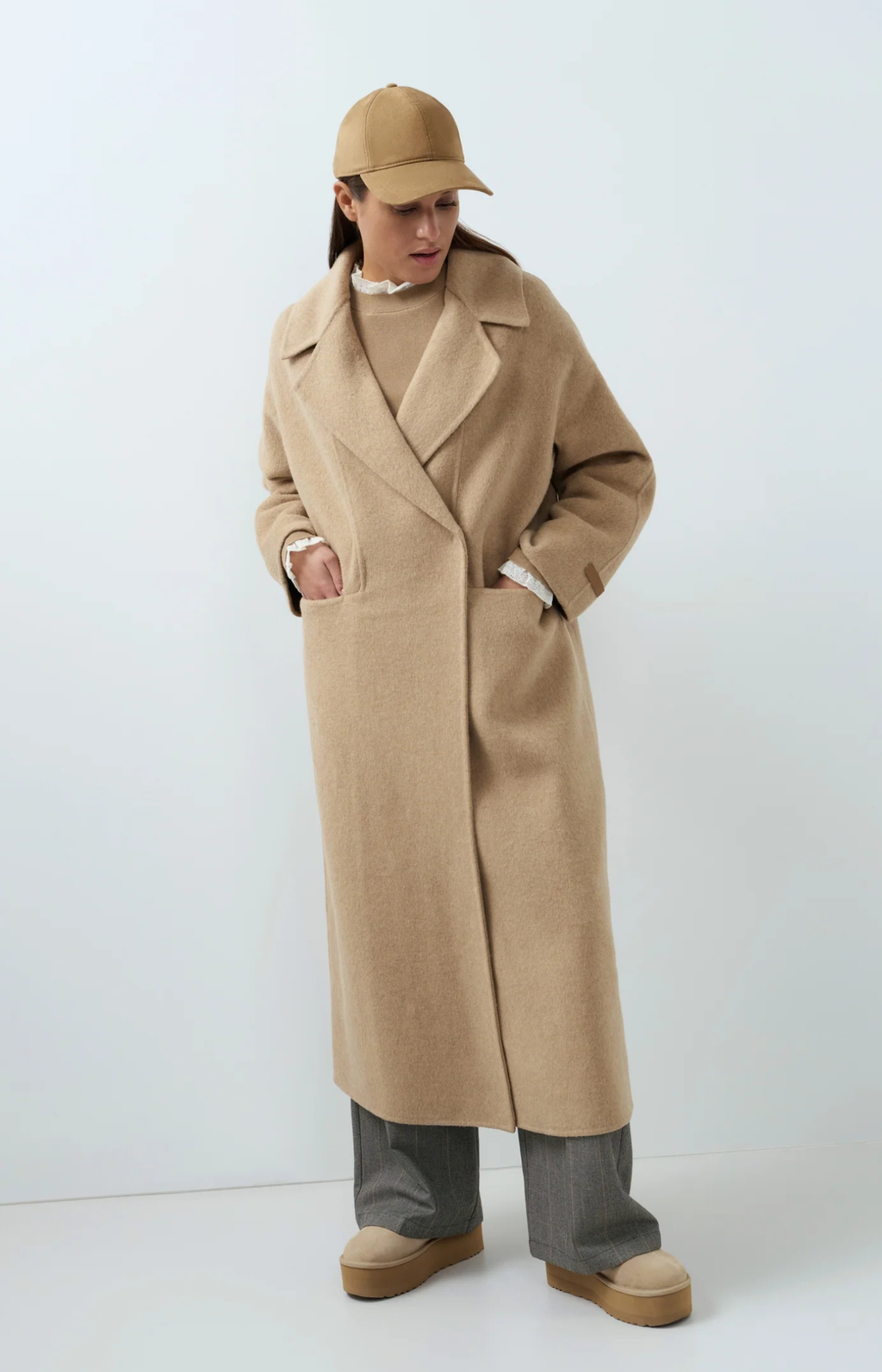 YAYA | Extra Long Wool Blend Coat Oversized Fit Cornstalk Brown Melange