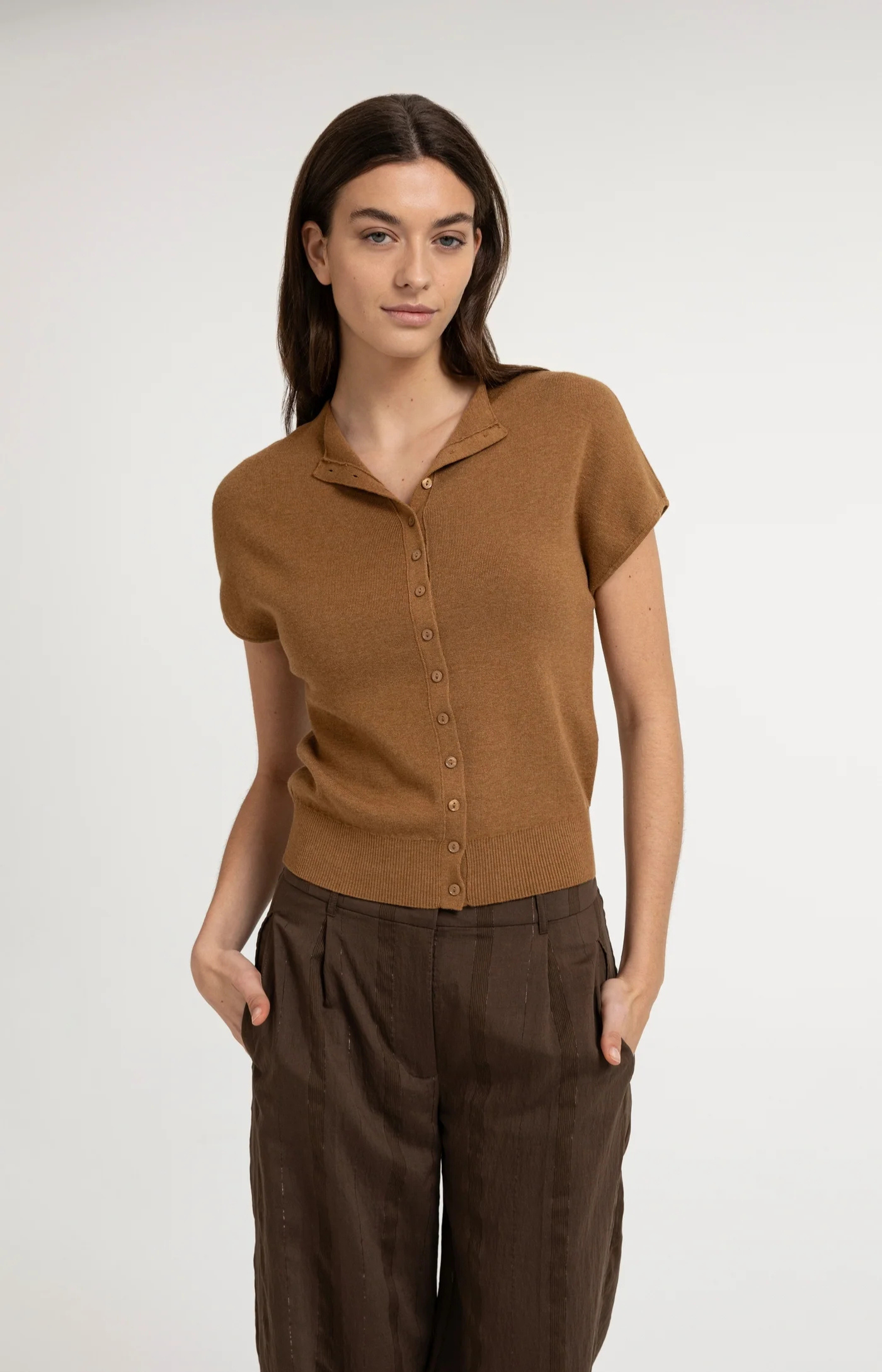 YAYA | Knitted Cardigan Front Button Foxtrot Brown Melange