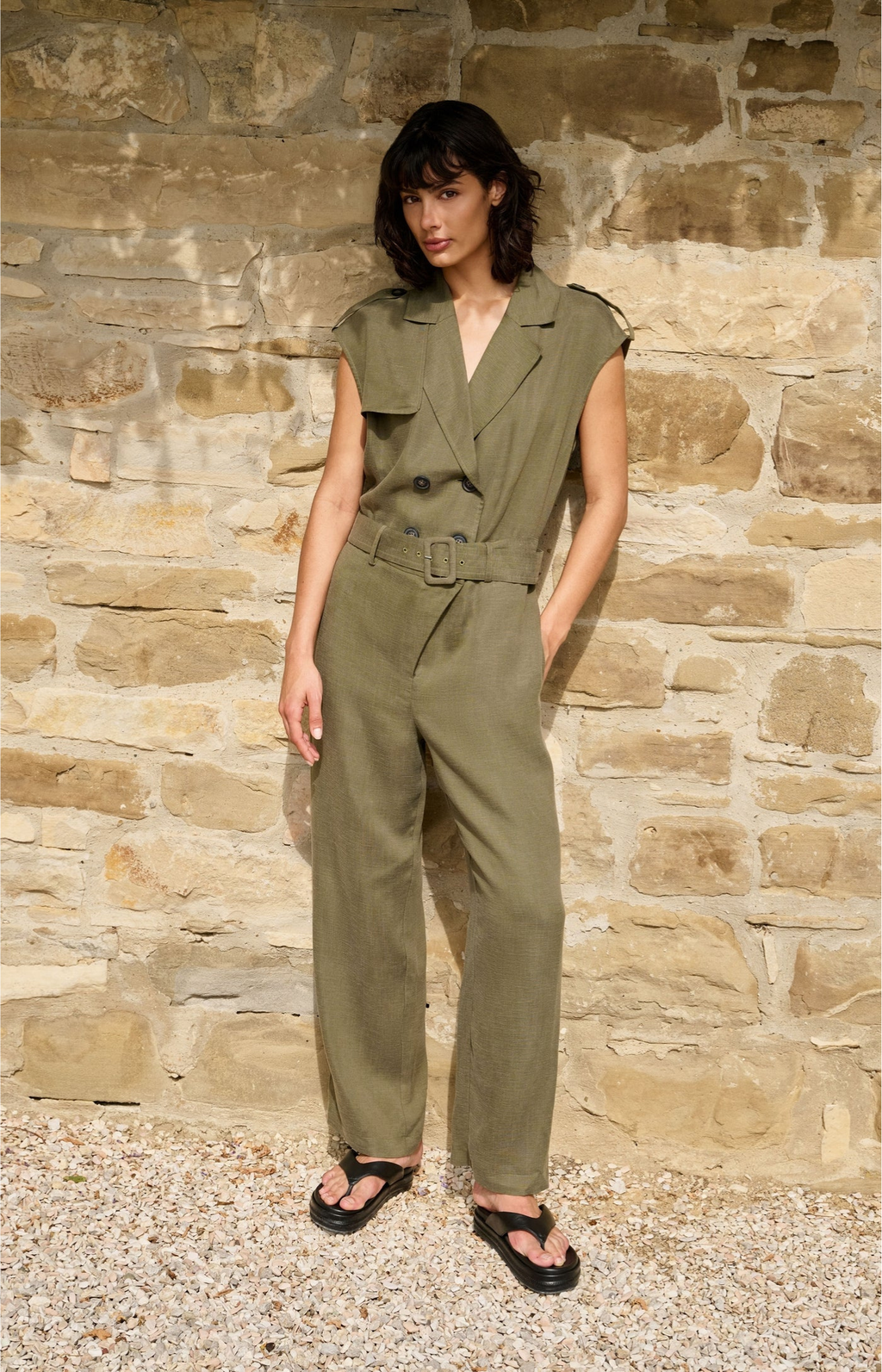 YAYA | Jumpsuit Van Linnenmix Met Ceintuur Army Green