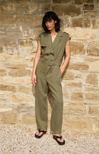 YAYA | Jumpsuit Van Linnenmix Met Ceintuur Army Green