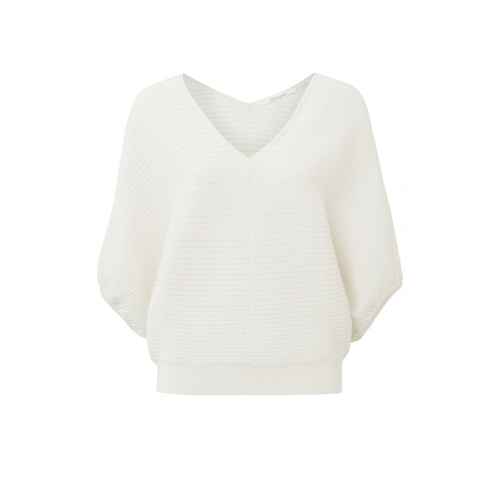 YAYA | Batwing sweater with V-neck, 7/8 sleeves and ribbed details - white - 01-000229-306
