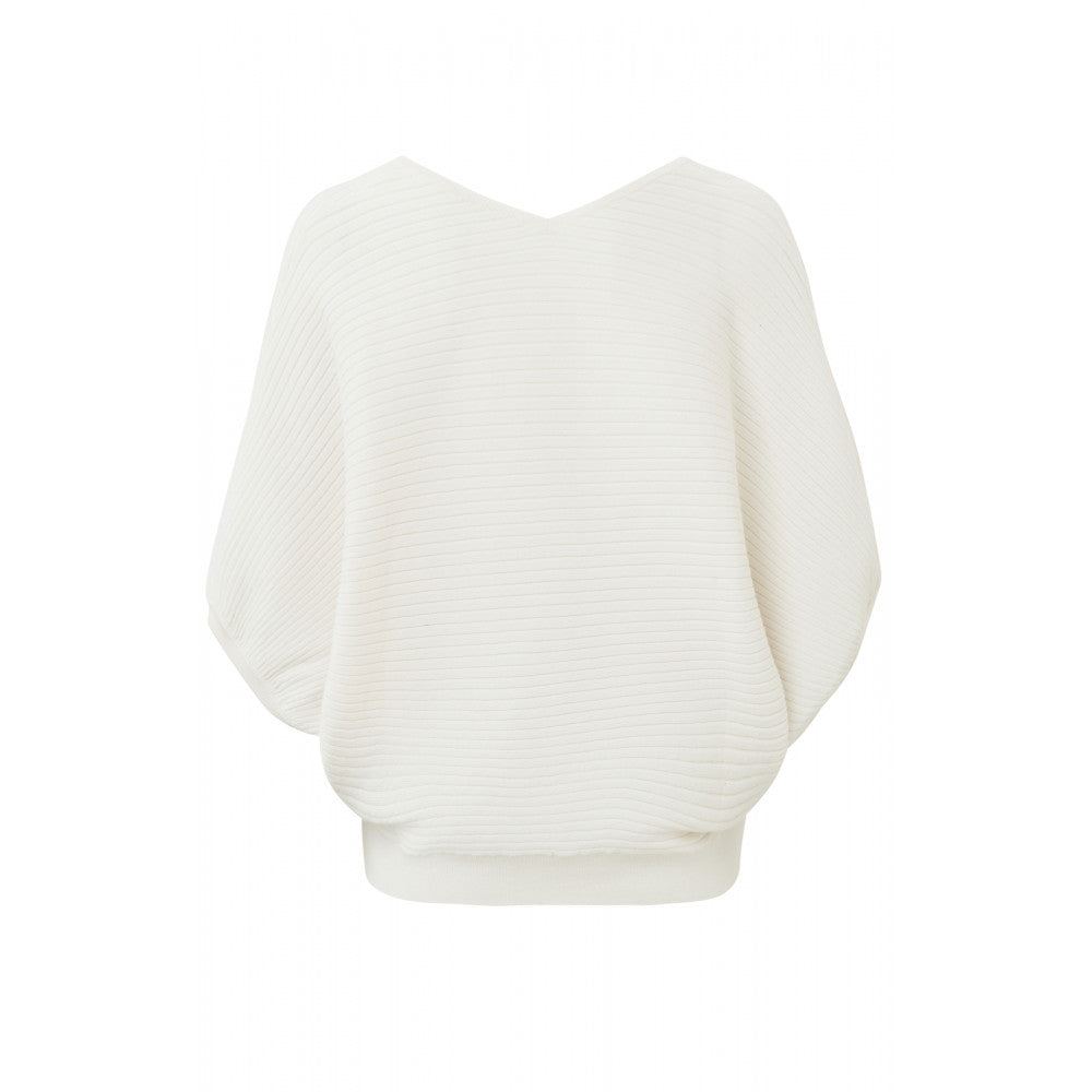 YAYA | Batwing sweater with V-neck, 7/8 sleeves and ribbed details - white - 01-000229-306