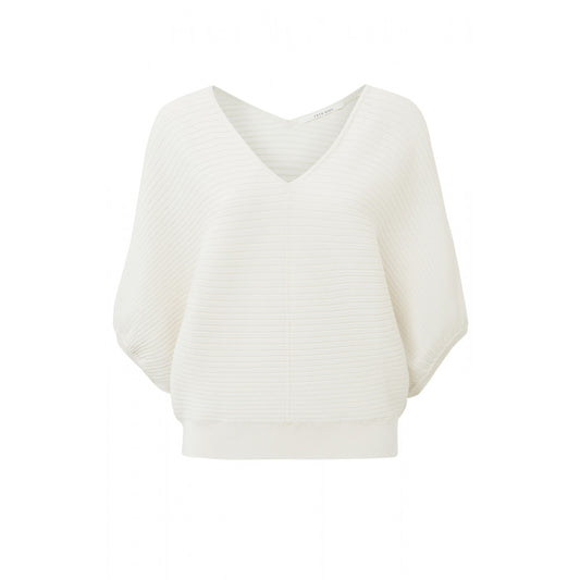 YAYA | Batwing sweater with V-neck, 7/8 sleeves and ribbed details - white - 01-000229-306