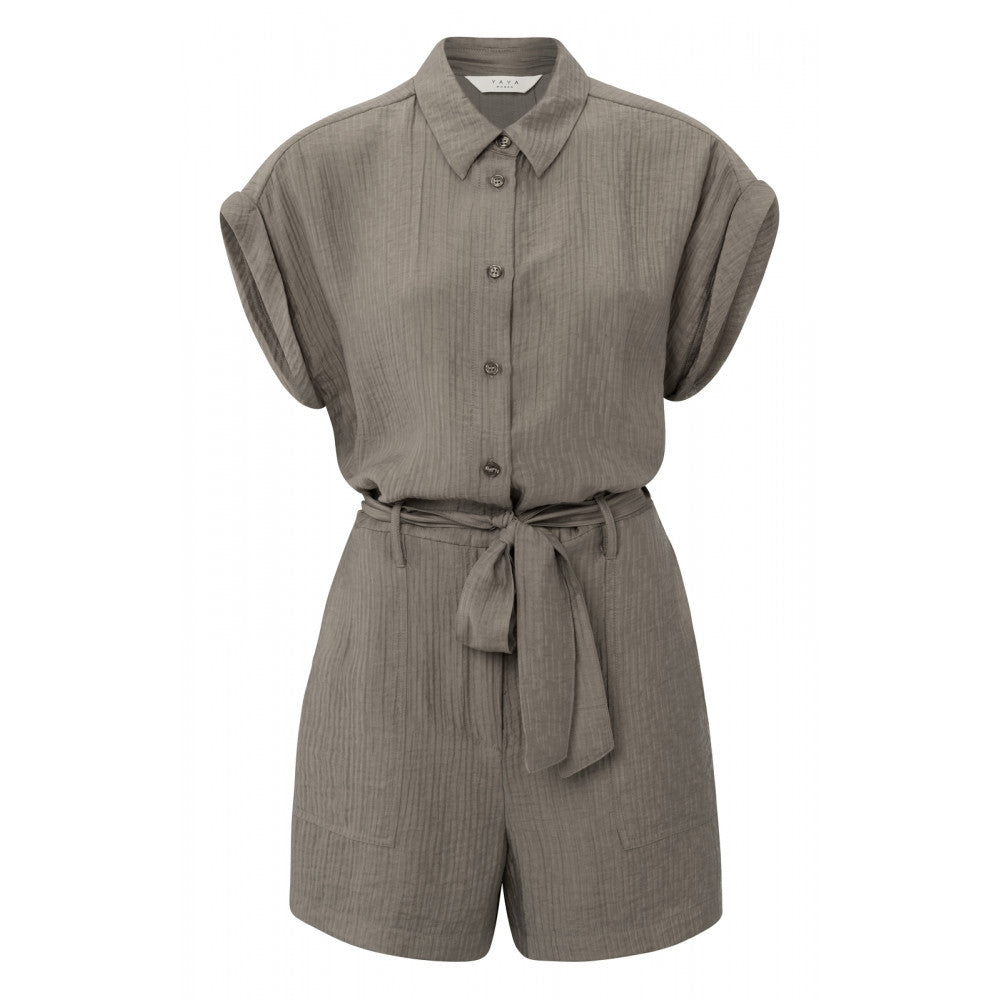 YAYA | Woven playsuit with short sleeves, pockets, buttons and belt - falcon brown - 01-341007-306