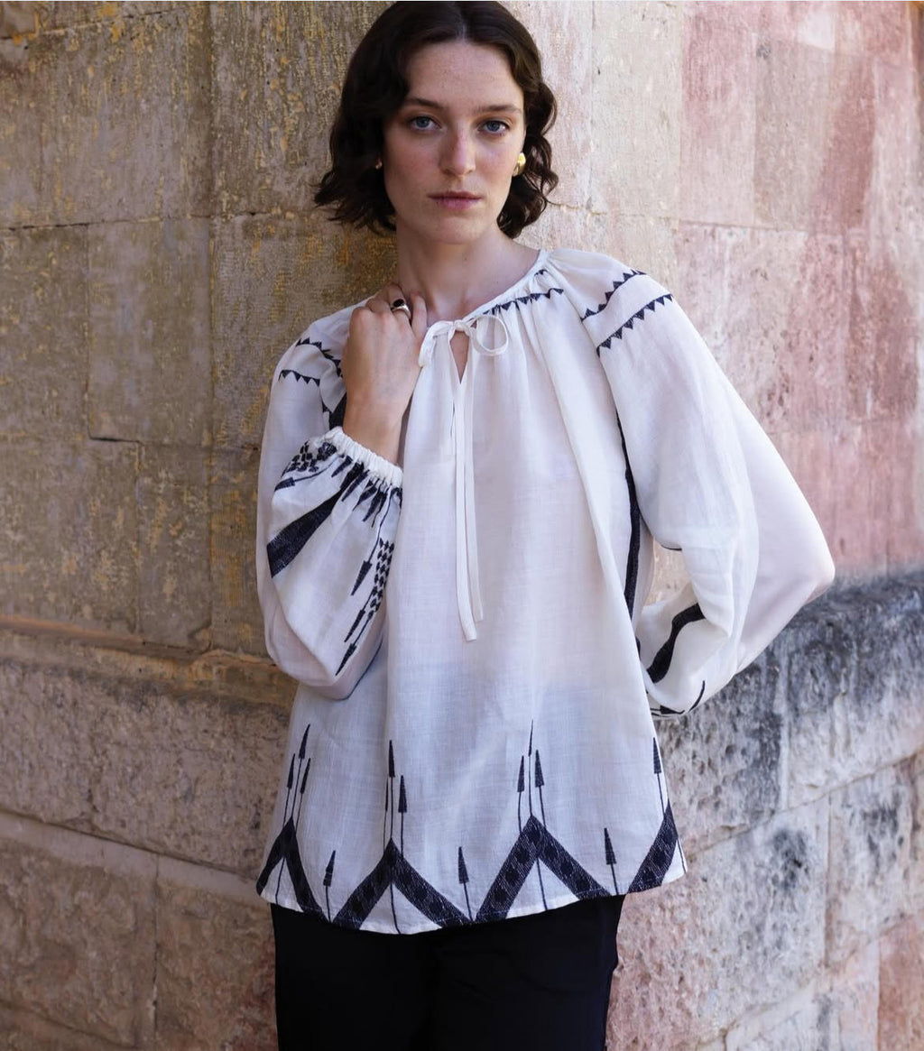Greek Archaic Kori | blouse roots l/s gatherings - beige/black - S25k-540294