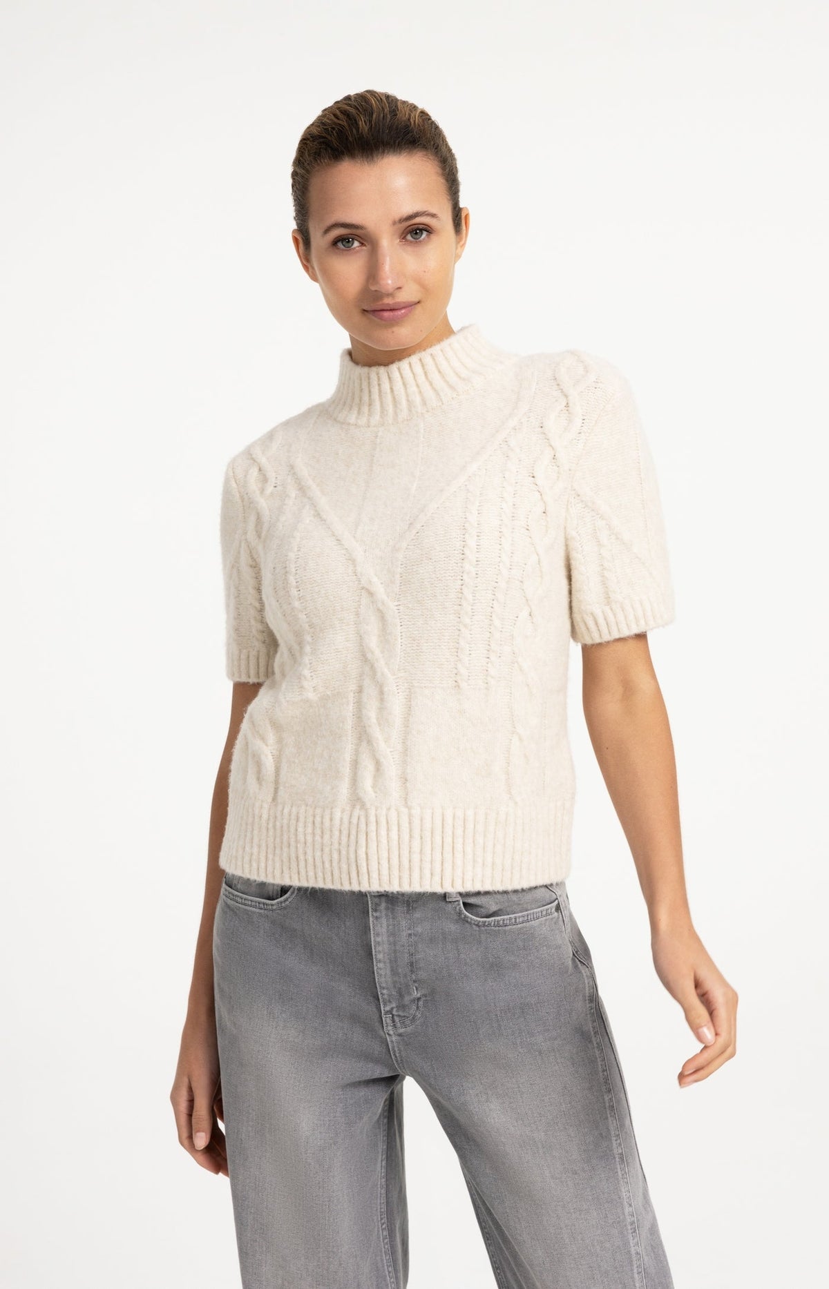 YAYA | Cable Knit Sweater With Short Sleeves  Off White Melange