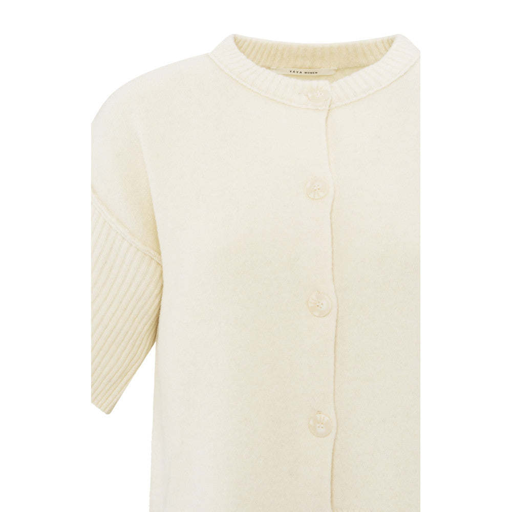 YAYA | Crèmekleurig vest met korte wijde mouwen en ronde hals - off-white knit - 01-010102-502