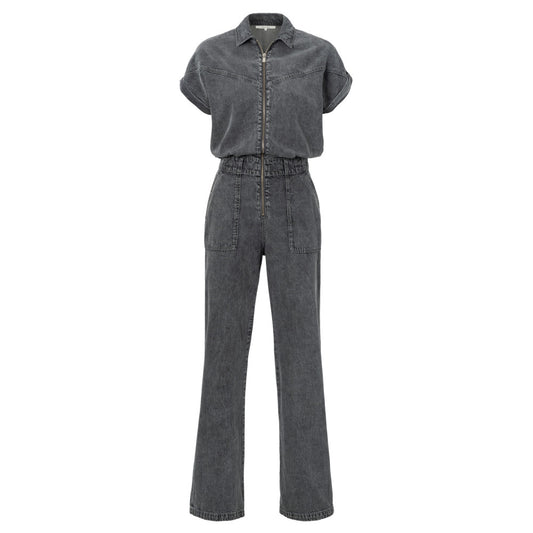 YAYA | Denim jumpsuit met korte mouwen, wijde pijpen en rits - 01-341014-408