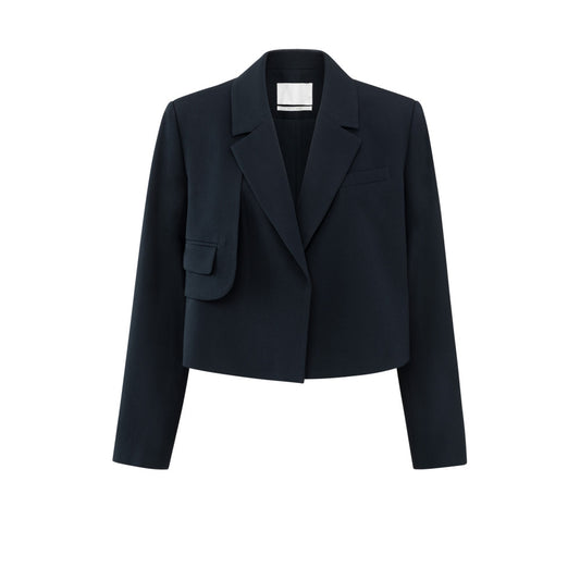 YAYA | Donkerblauwe geweven korte blazer met uniek zakdetail - outerspace blue -01-501058-410