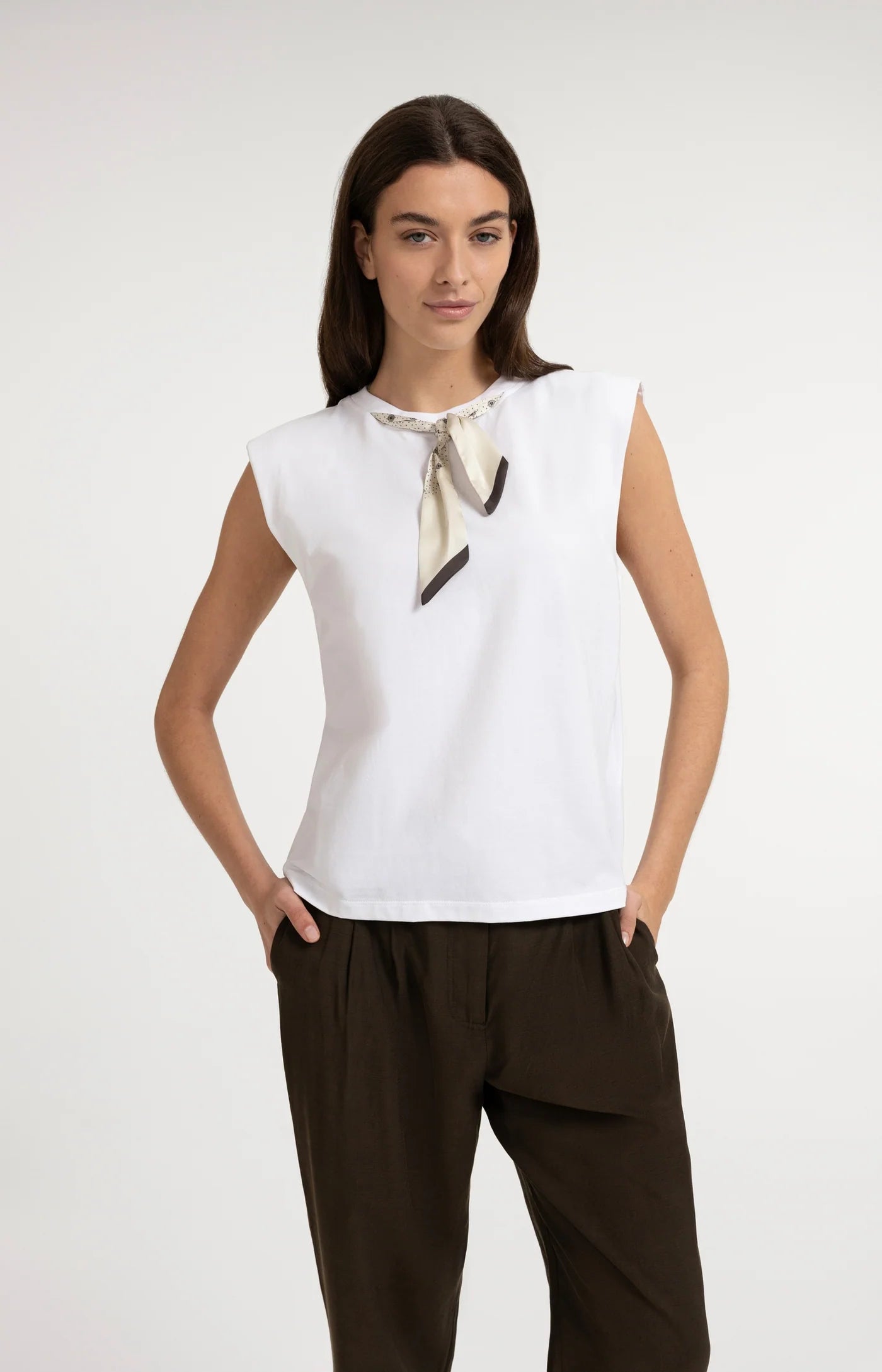 YAYA | Double Layer Sleeveless Top Scarf Slate Black Brown Dessin