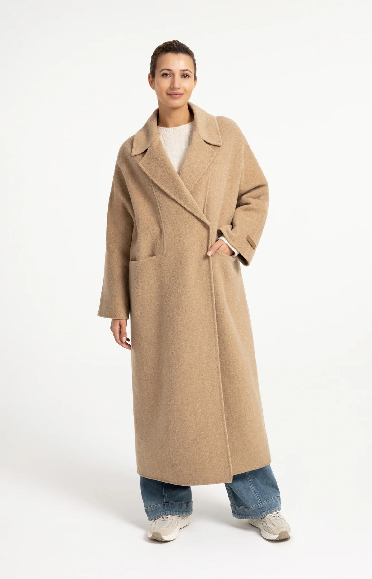 YAYA | Extra Long Wool Blend Coat Oversized Fit Cornstalk Brown Melange