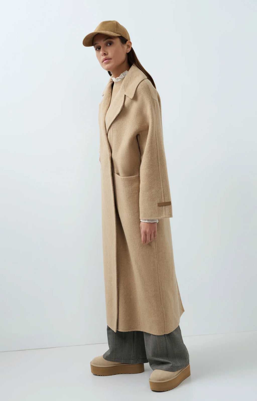 YAYA | Extra Long Wool Blend Coat Oversized Fit Cornstalk Brown Melange