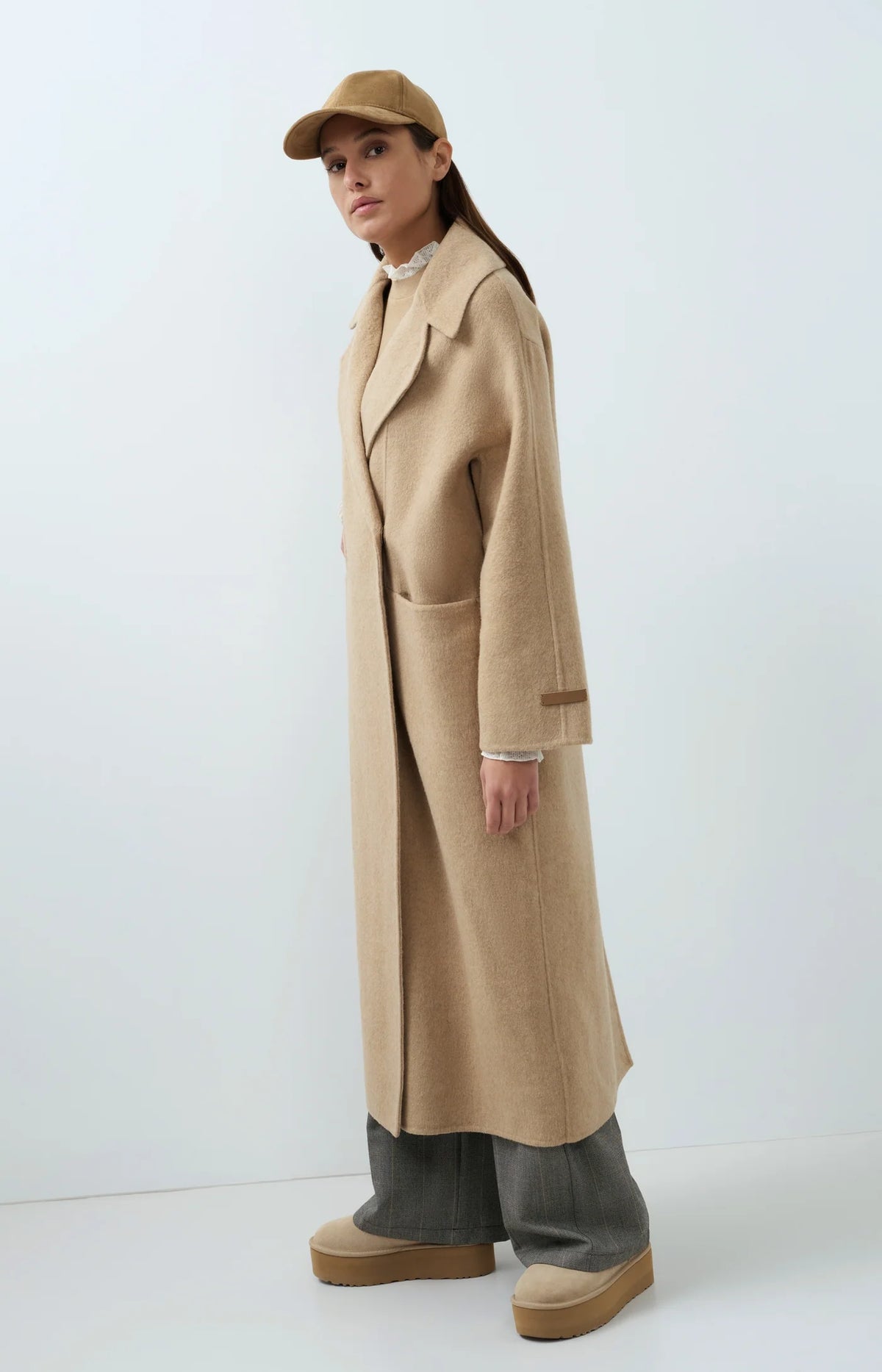 YAYA | Extra Long Wool Blend Coat Oversized Fit Cornstalk Brown Melange