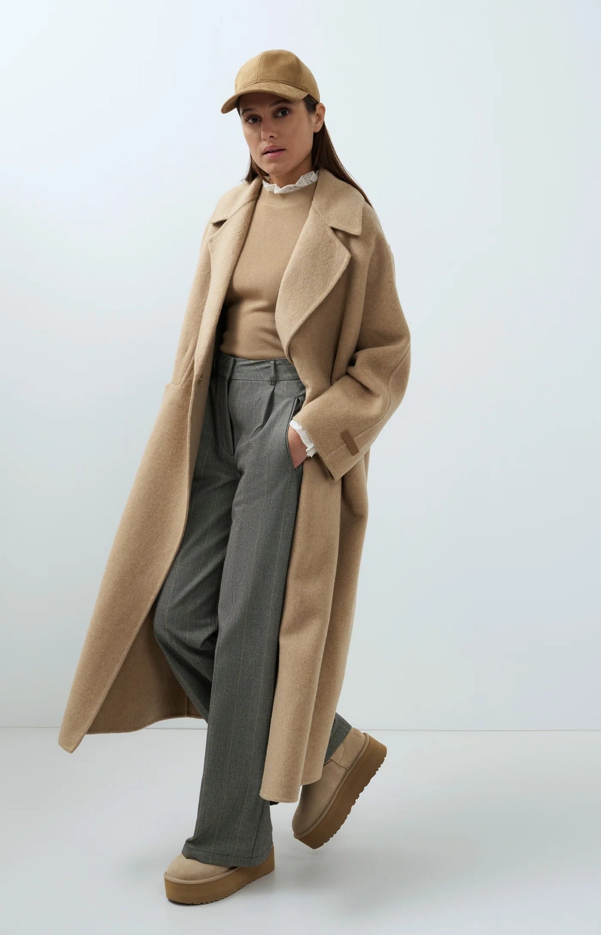YAYA | Extra Long Wool Blend Coat Oversized Fit Cornstalk Brown Melange