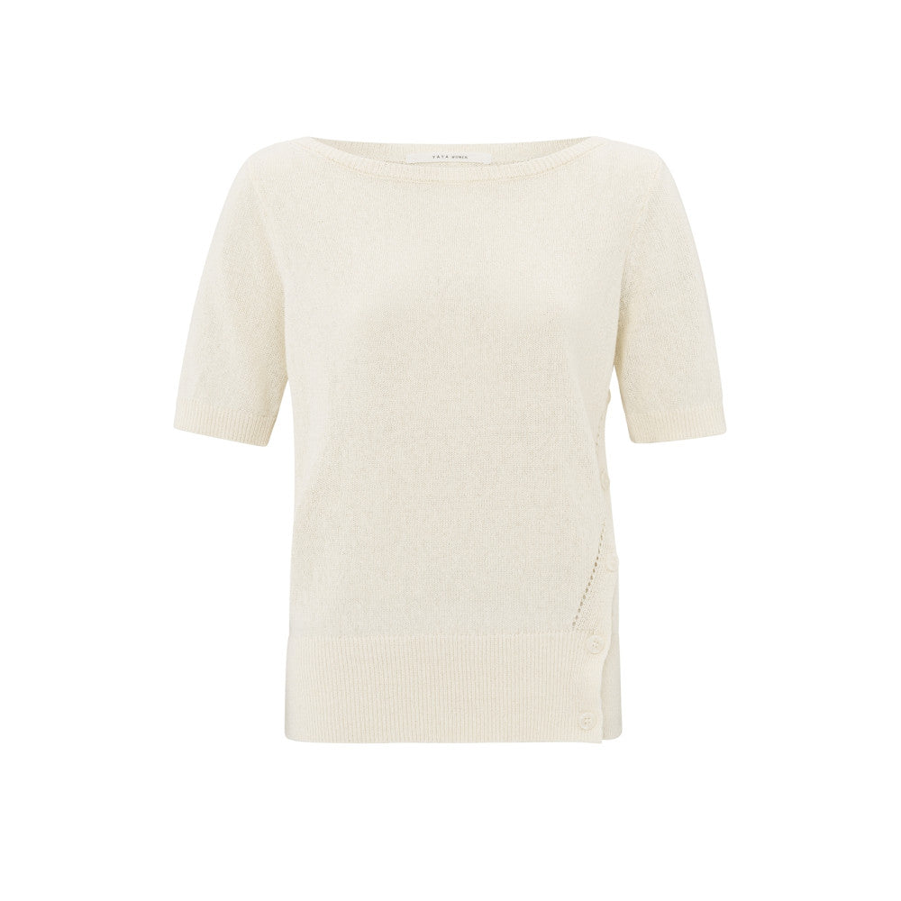 YAYA | Fijngebreide sweater met boothals en korte mouwen - nature melange - 01-000453-503