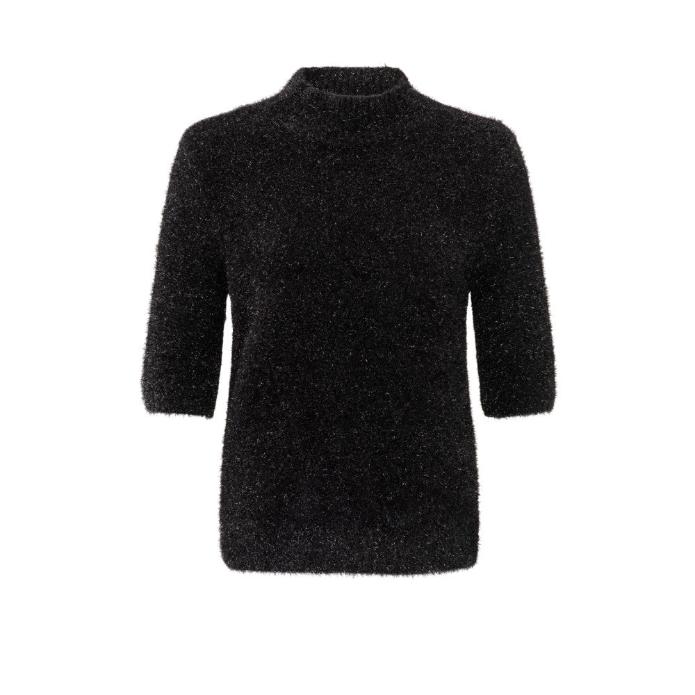 YAYA | Fluffy trui met halve mouwen en opstaande kraag - zwart - 01-000415-411