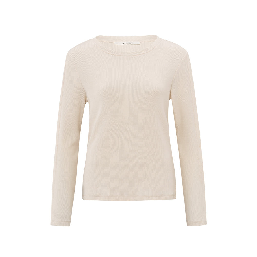 YAYA |  Geribde lange mouwentop met knoopdetails - off white knit - 01-709265503