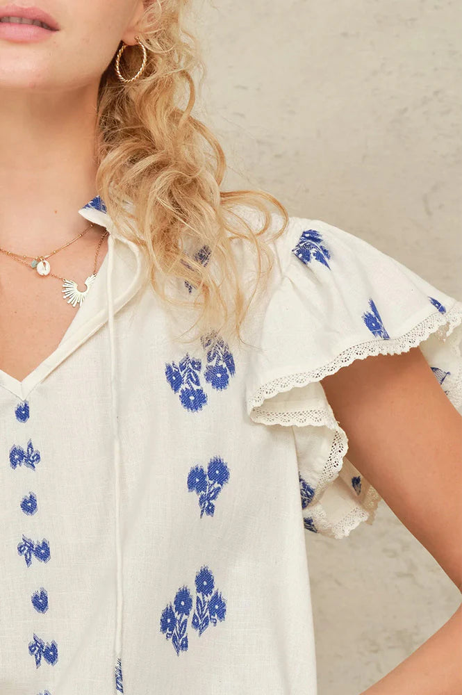 M.A.B.E | Iris Woven Frill Blue Blouse