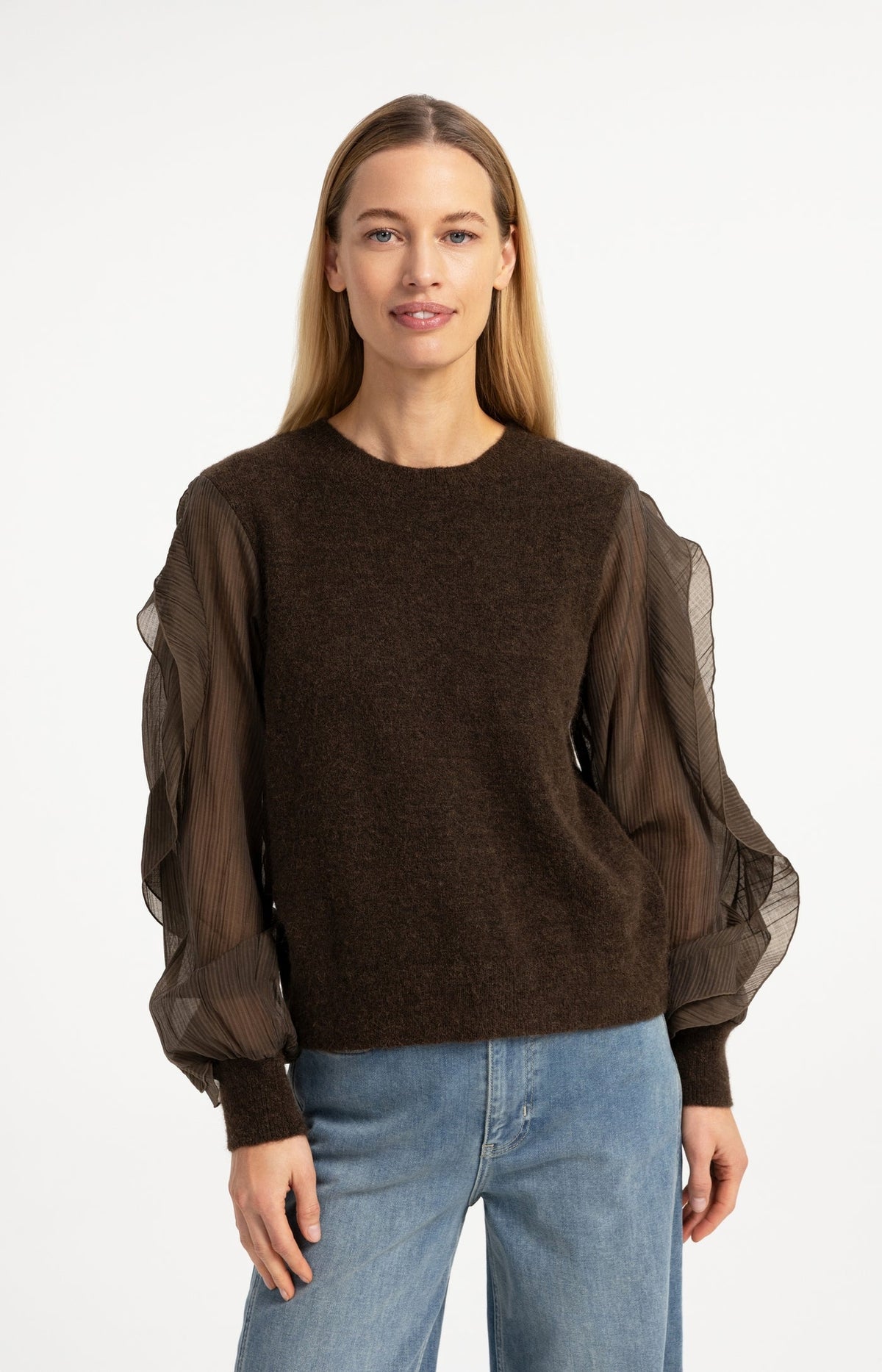 YAYA | Knitted Sweater With Ruffle Sleeves Slate Black Brown