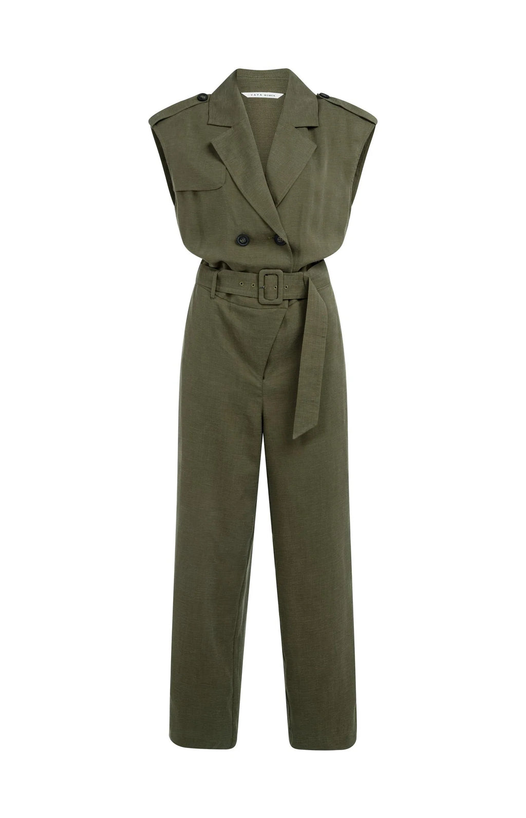 YAYA | Jumpsuit Van Linnenmix Met Ceintuur Army Green