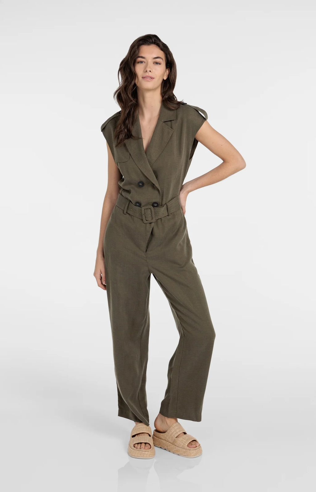 YAYA | Jumpsuit Van Linnenmix Met Ceintuur Army Green
