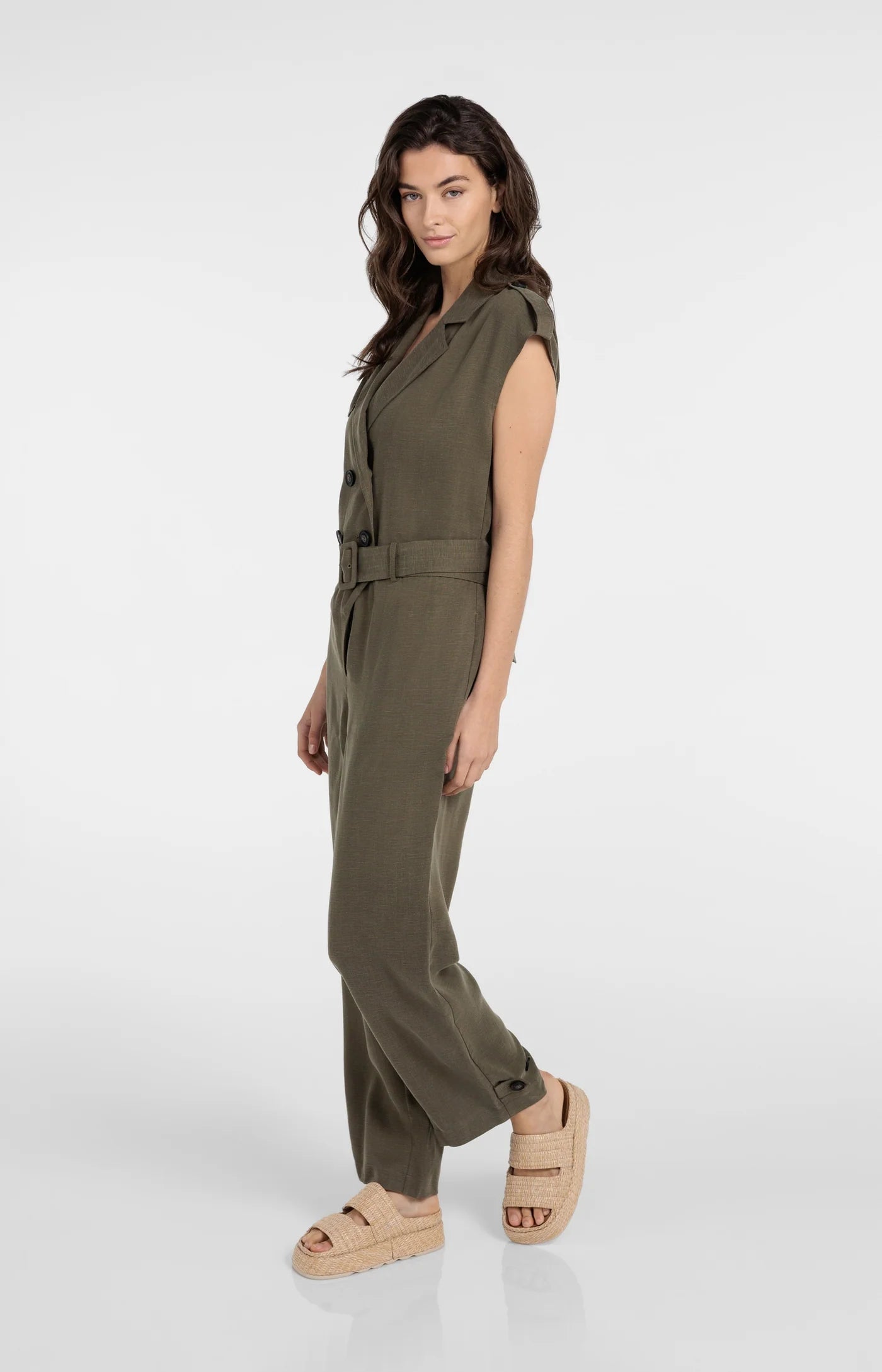 YAYA | Jumpsuit Van Linnenmix Met Ceintuur Army Green