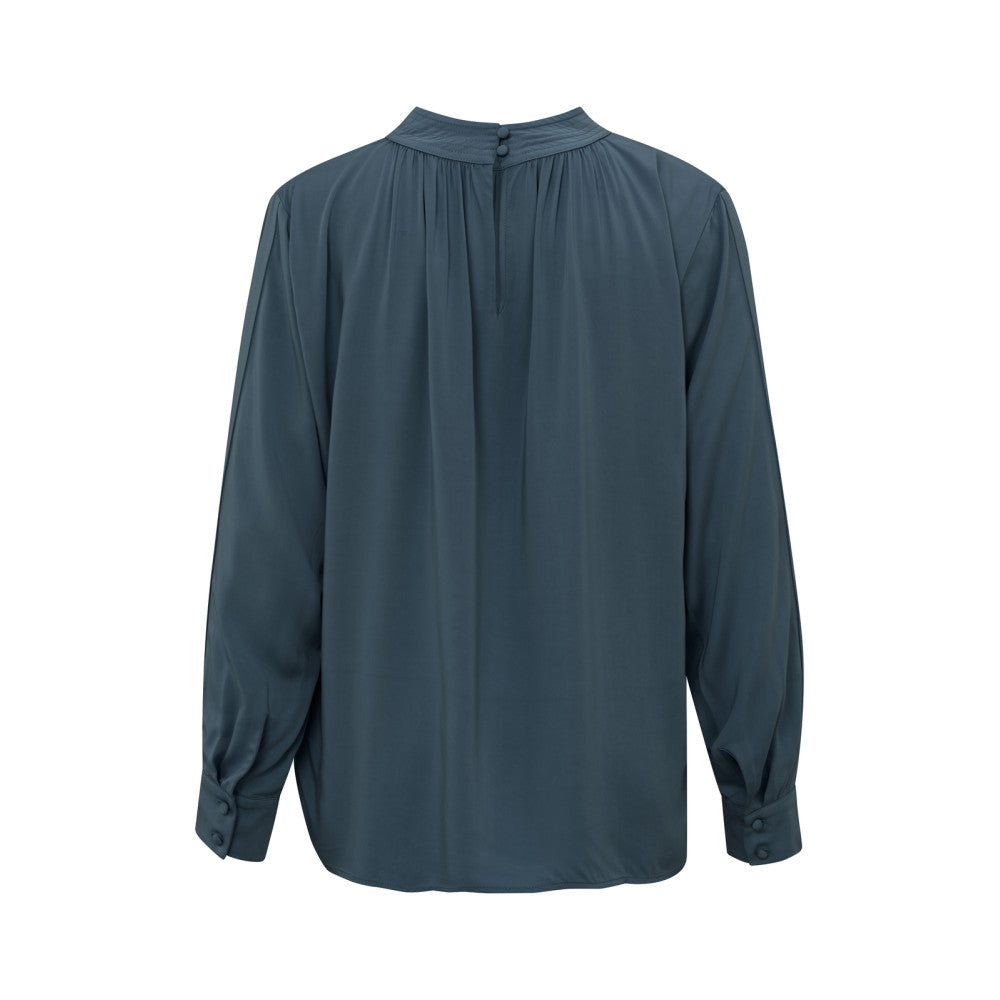 YAYA |  Satijnen blouse met lange mouwen, plooidetail en hoge hals - outer space blue  - 01-701251-410