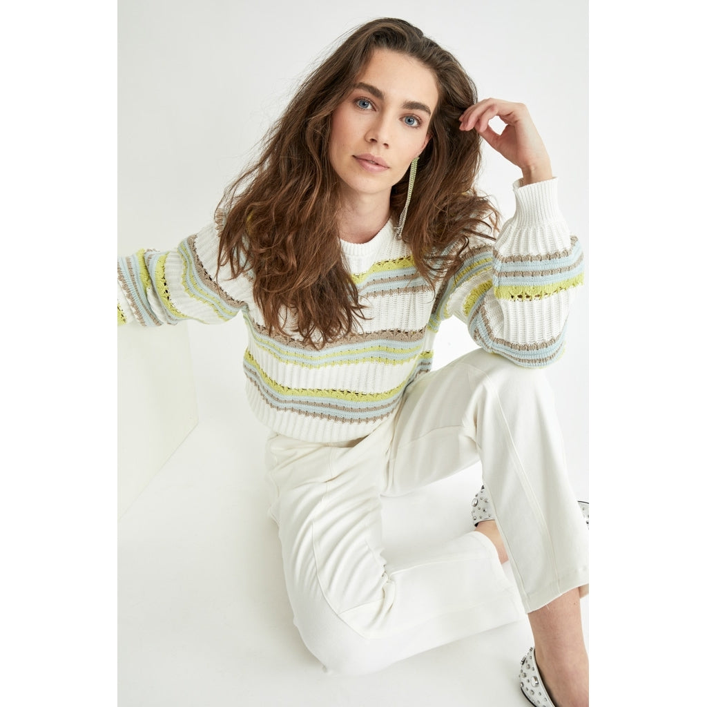 Peppercorn | Signa round neck knit pullover - celery green stripe - PC7579