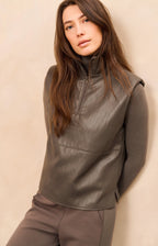 YAYA | Faux Leather Zipper Top Dark Taupe Grey