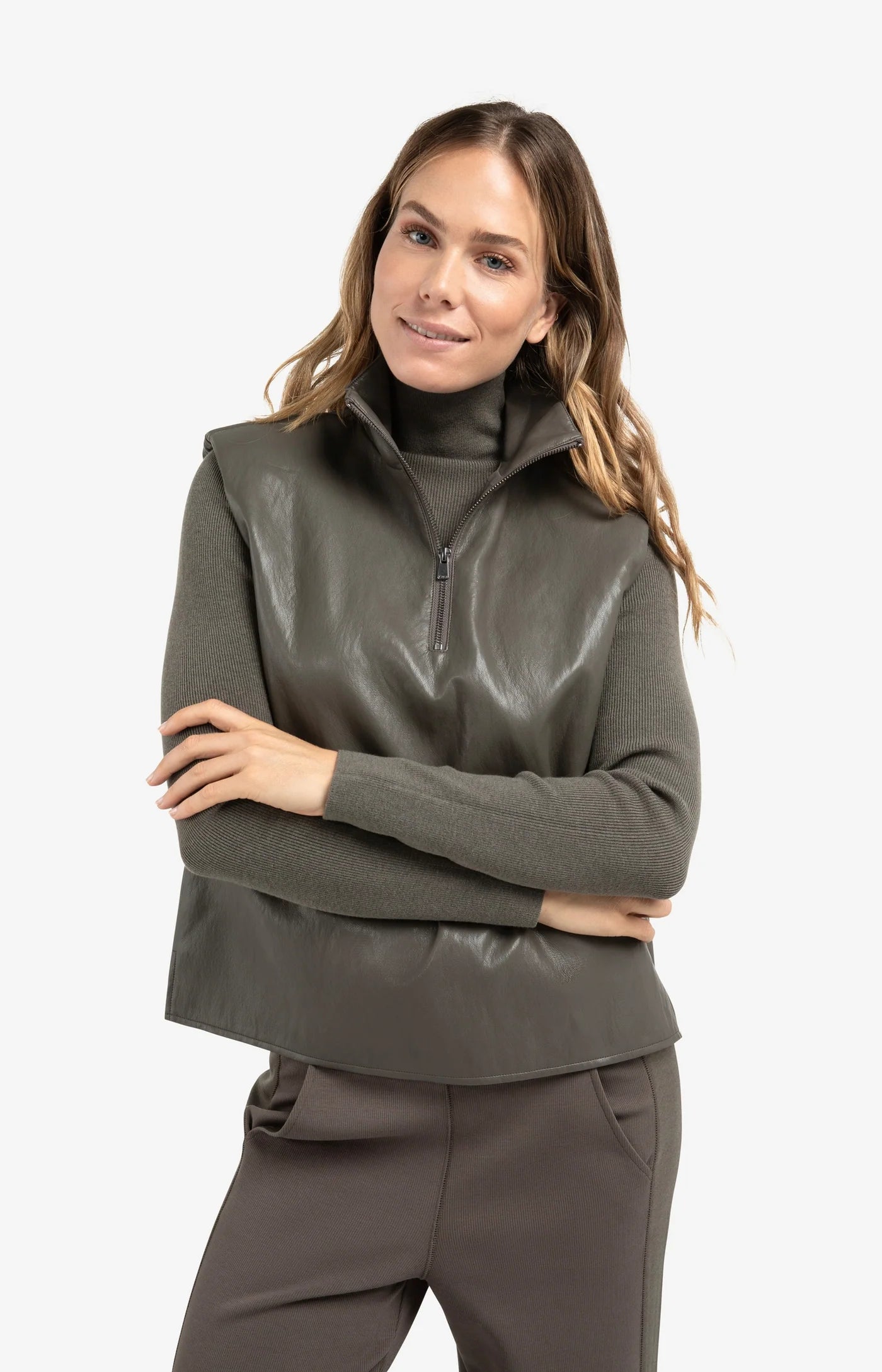 YAYA | Faux Leather Zipper Top Dark Taupe Grey