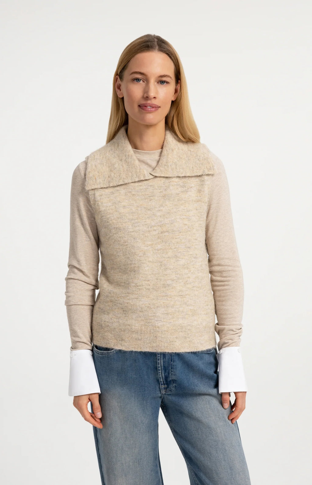 YAYA | Sleeveless Knitted Top Collar Light Beige Melange