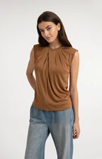 YAYA | Sleeveless Top Pleated Neckline Detail Foxtrot Brown
