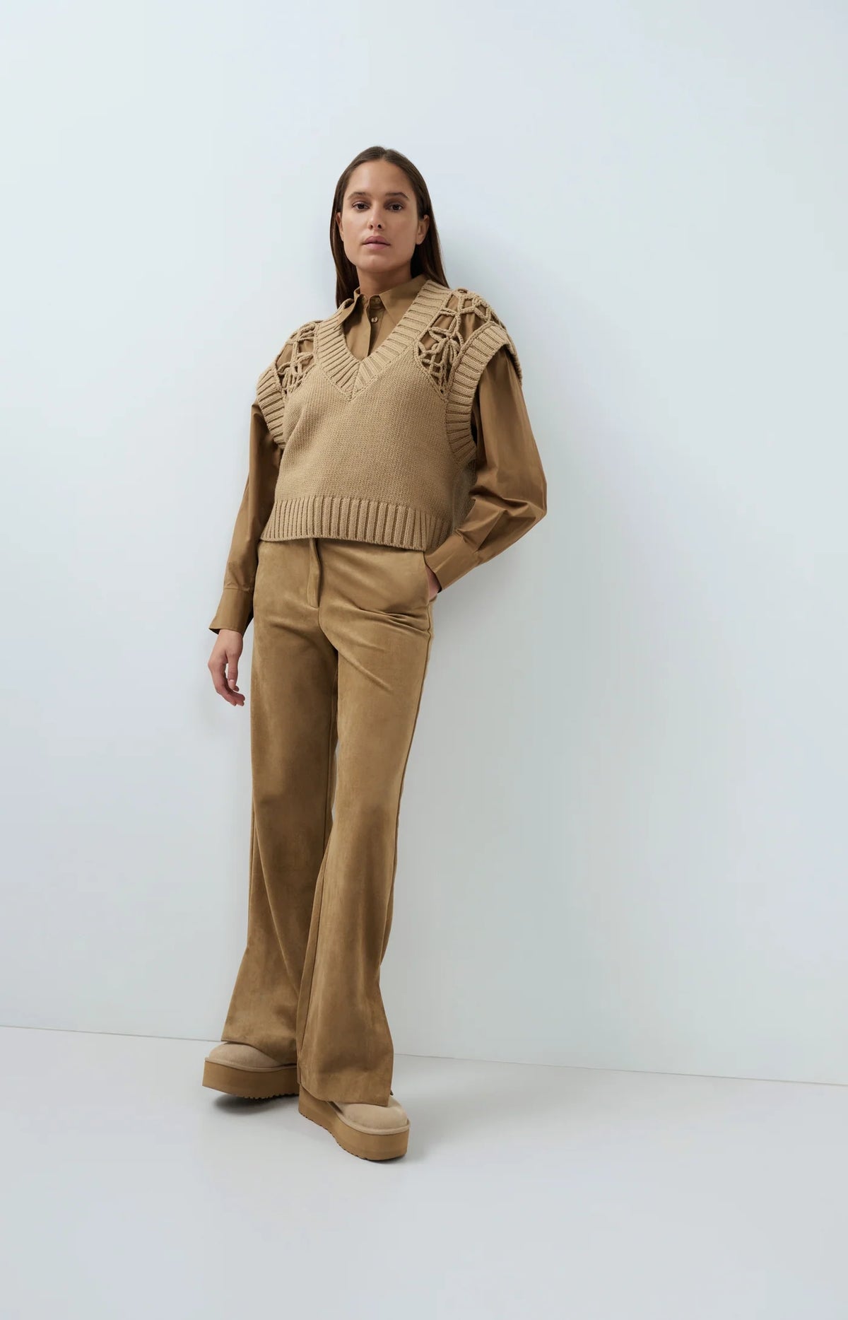 YAYA | Suedine Wide Leg Trousers Otter Brown