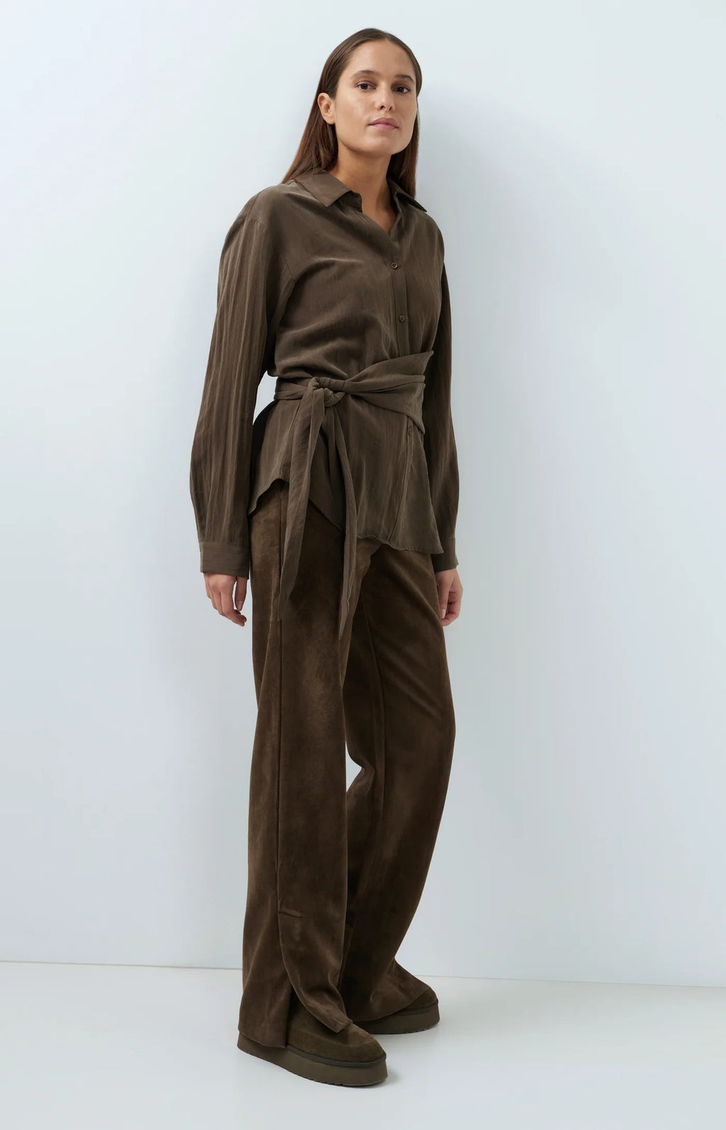 YAYA | Suedine Wide Leg Trousers Slate Black Brown