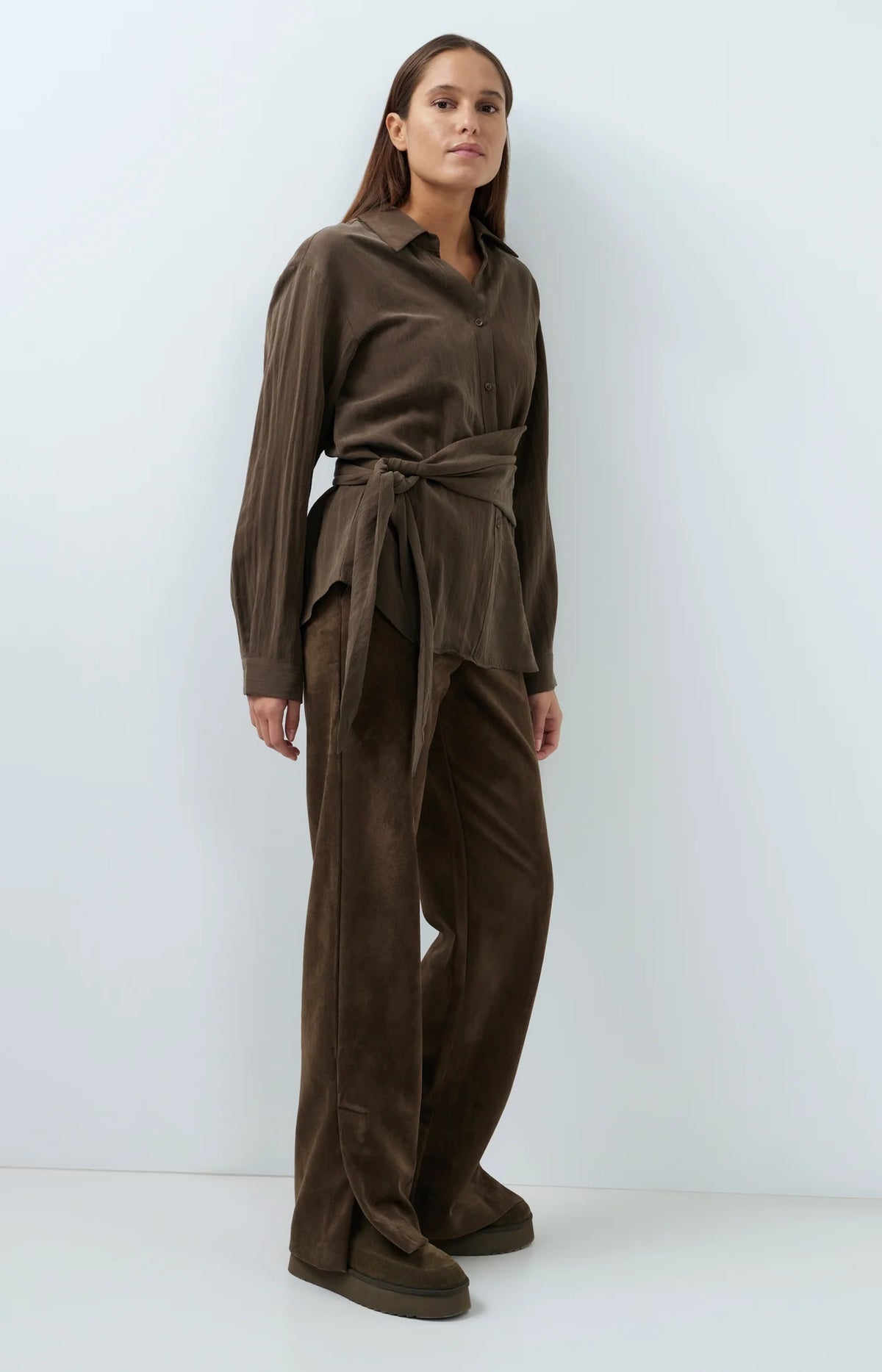 YAYA | Suedine Wide Leg Trousers Slate Black Brown