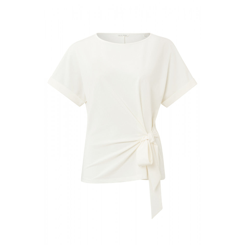 YAYA | Top with round neck, short sleeves and knotted detail - star white - 01-709093-306