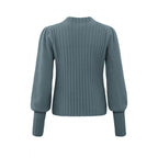 YAYA | Sweater with crewneck, long puff sleeves and ribbed details - grey melange - 01-000273-310