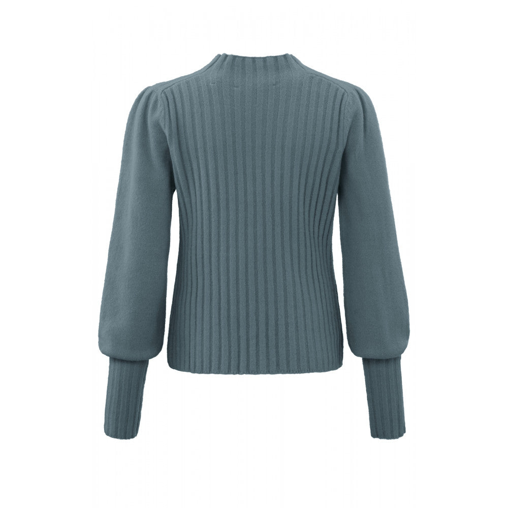 YAYA | Sweater with crewneck, long puff sleeves and ribbed details - grey melange - 01-000273-310