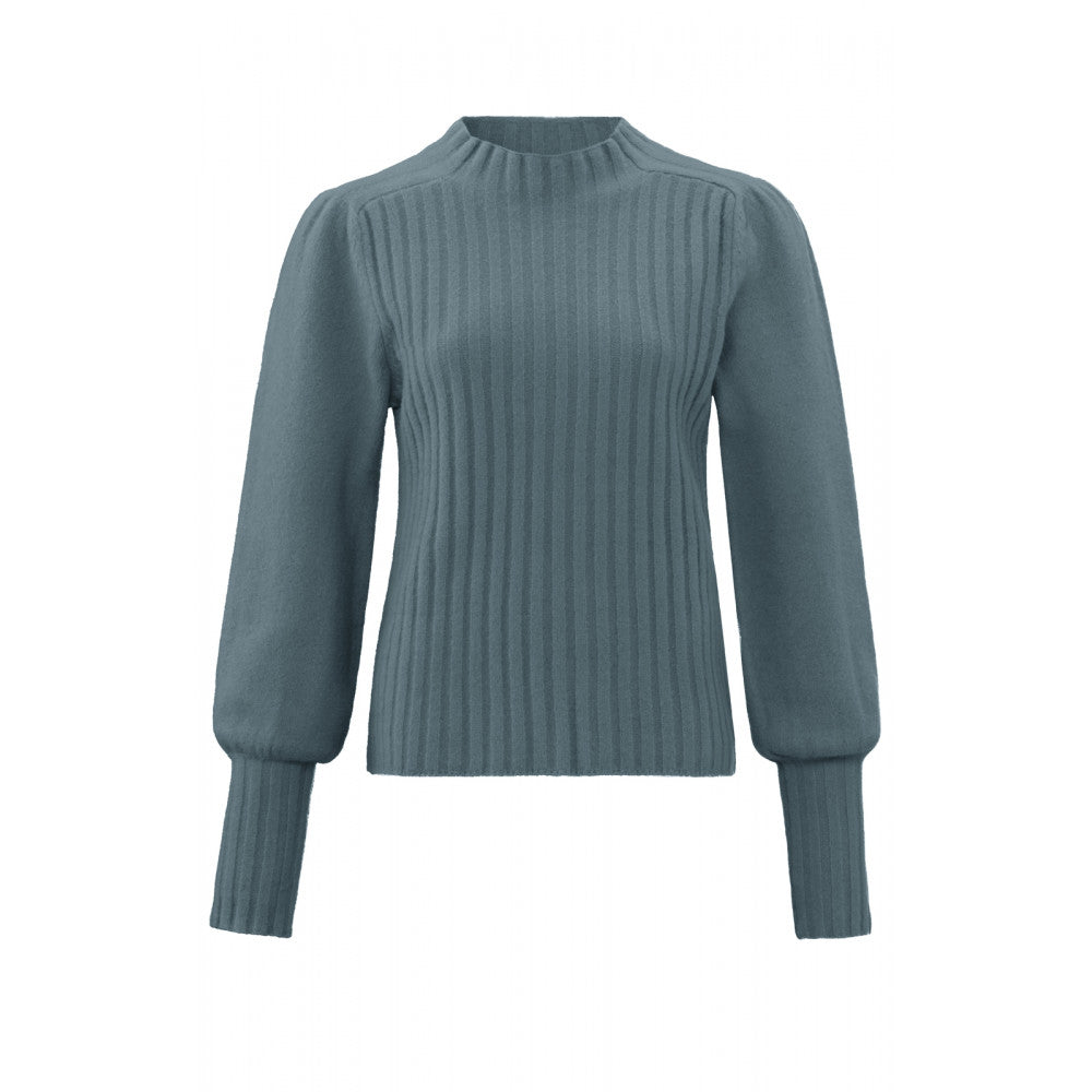 YAYA | Sweater with crewneck, long puff sleeves and ribbed details - grey melange - 01-000273-310