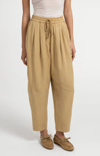 YAYA | Woven Barrel Leg Trousers Elastic Waist Safari Brown