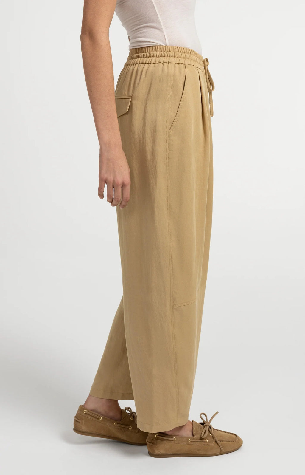 YAYA | Woven Barrel Leg Trousers Elastic Waist Safari Brown