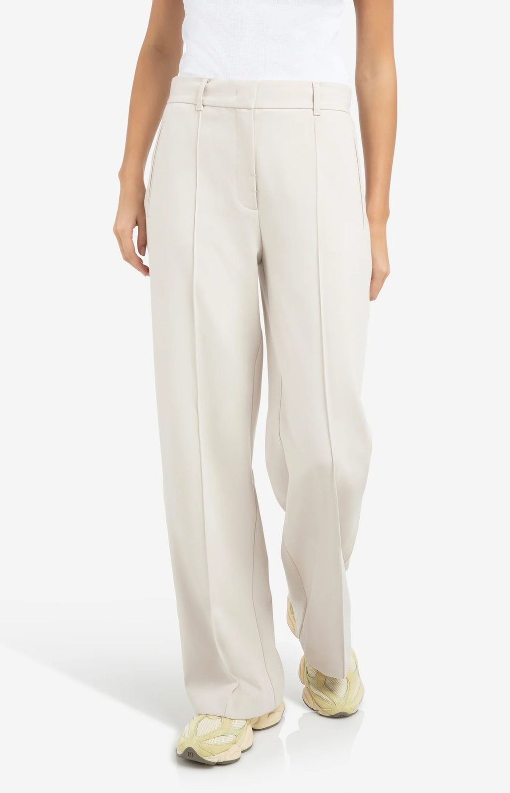 YAYA | Geweven Broek Met Wijde Pijpen En Stiksels Beige