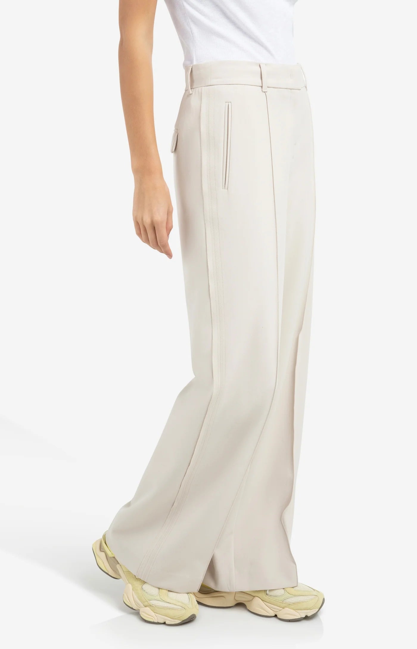 YAYA | Geweven Broek Met Wijde Pijpen En Stiksels Beige