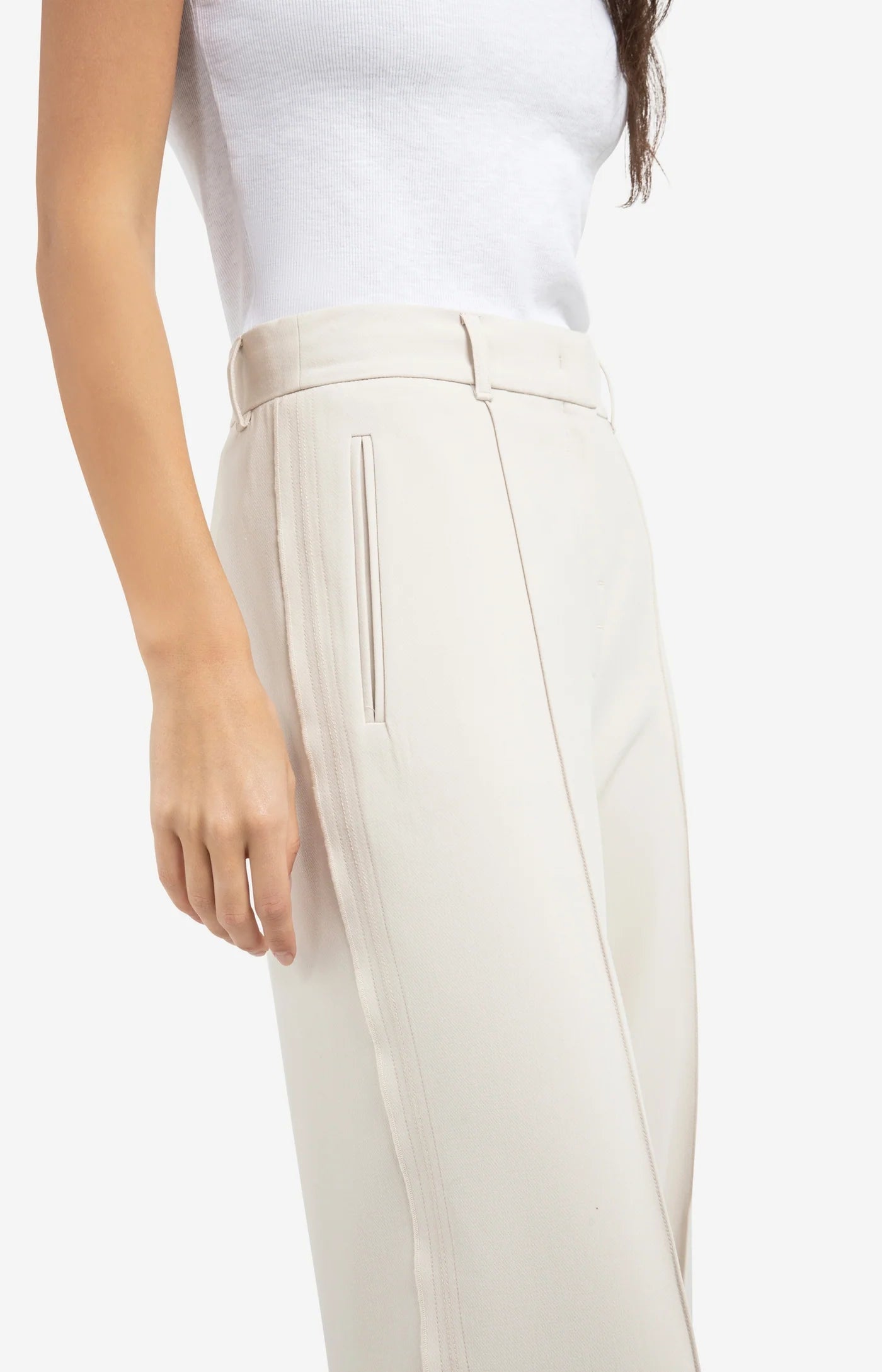 YAYA | Geweven Broek Met Wijde Pijpen En Stiksels Beige